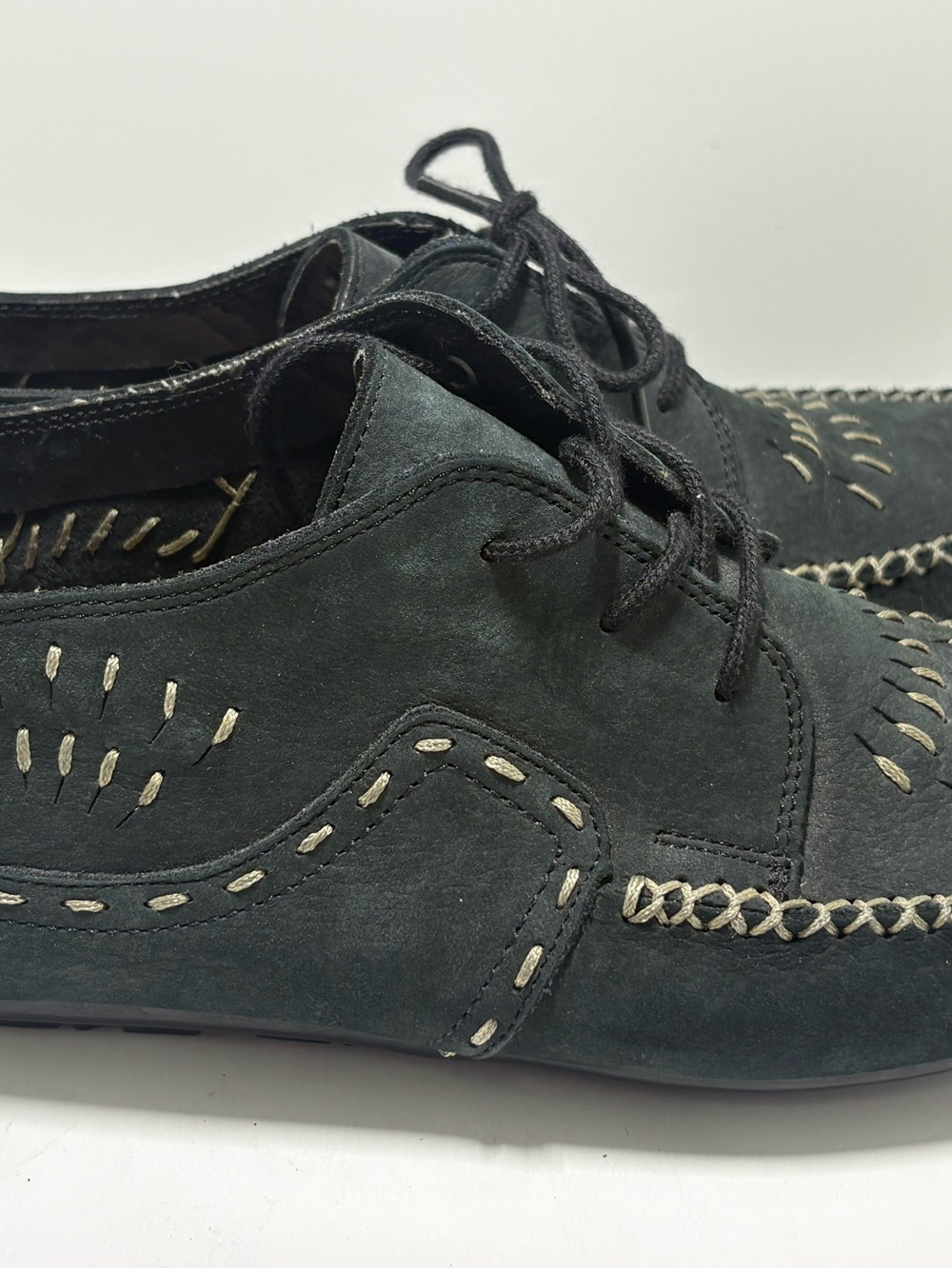 Vtg 90s Hush Puppies Black Suede Moccasin Oxford Shoes Aztec Size 9D Wide Unworn